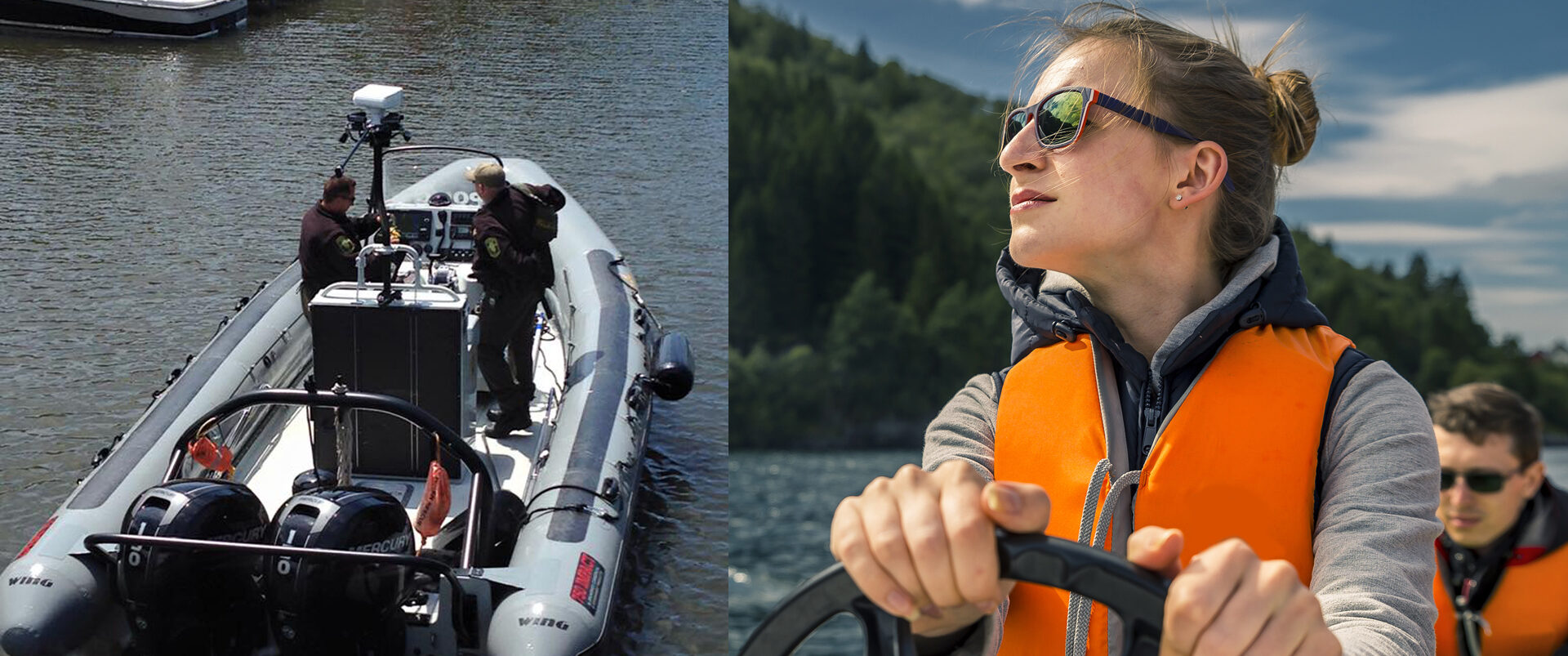 2 picture: Illinois Conservation Police on the water in one of their boats. A woman driving a boat on the Chain O'Lakes.